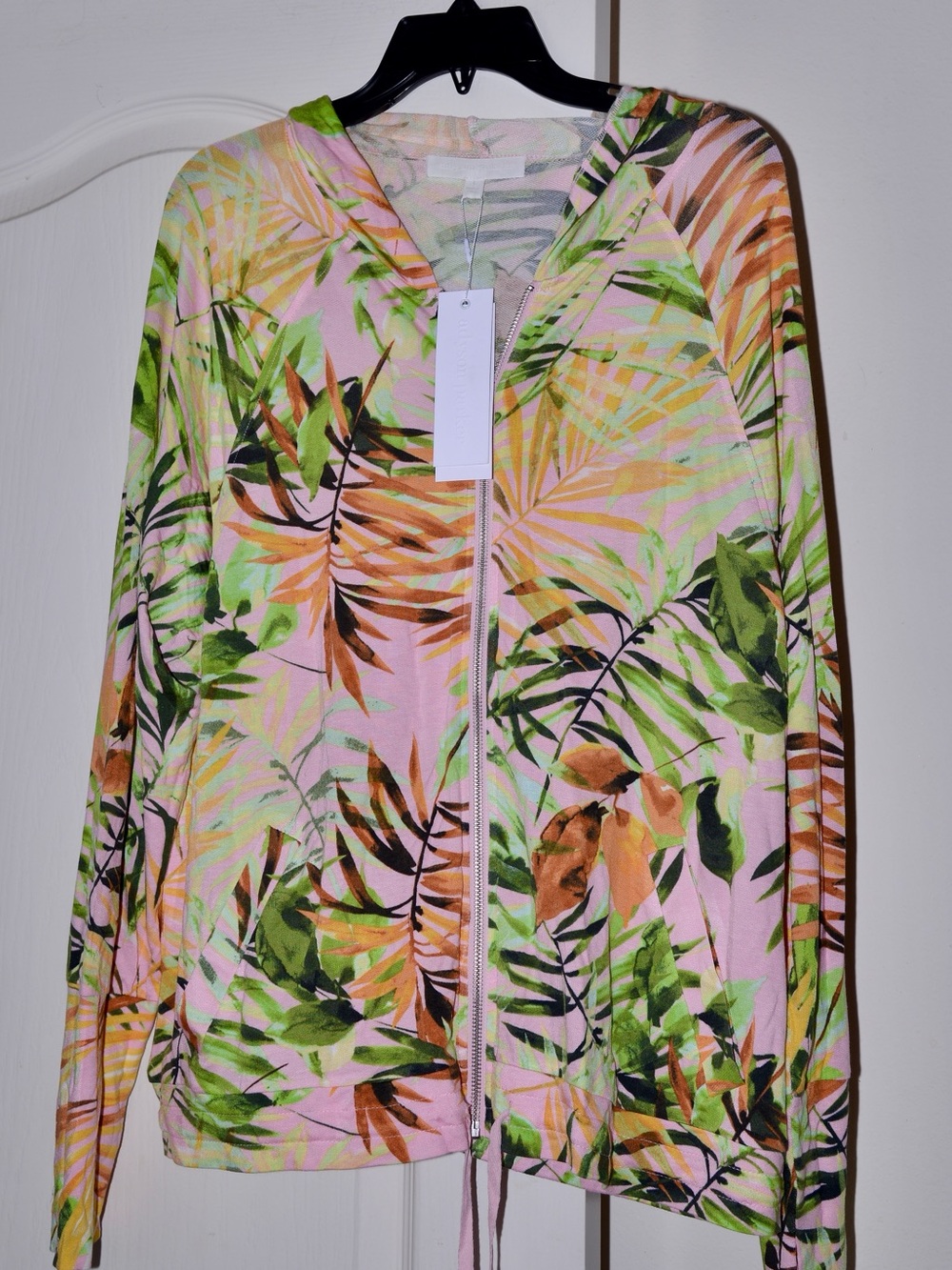 Saks Fifth Avenue Pink Tropical Leaf Zip Jacket